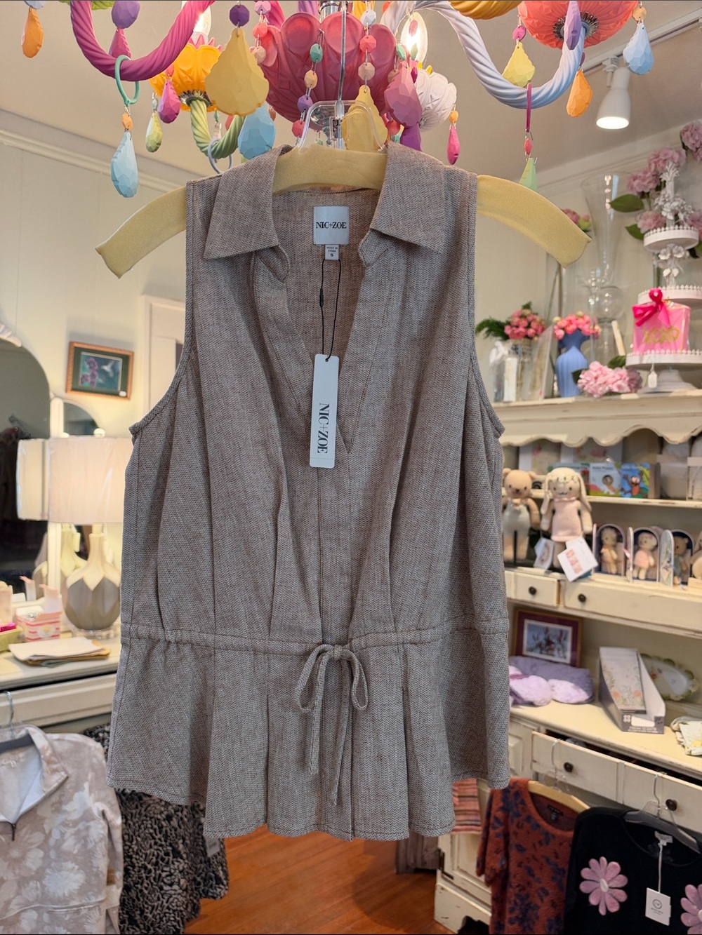 NIC+ZOE Sleeveless Drawstring Peplum Tunic — Taupe